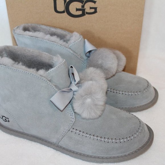 UGG KALLEN GRAY POM SUEDE SLIPPERS HOUSE SHOES - Picture 2 of 8